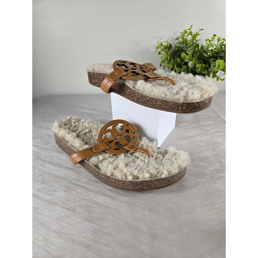 Tory Burch Miller Shearling Sandal Royal Tan Leather Cork Platform Slide 9.5